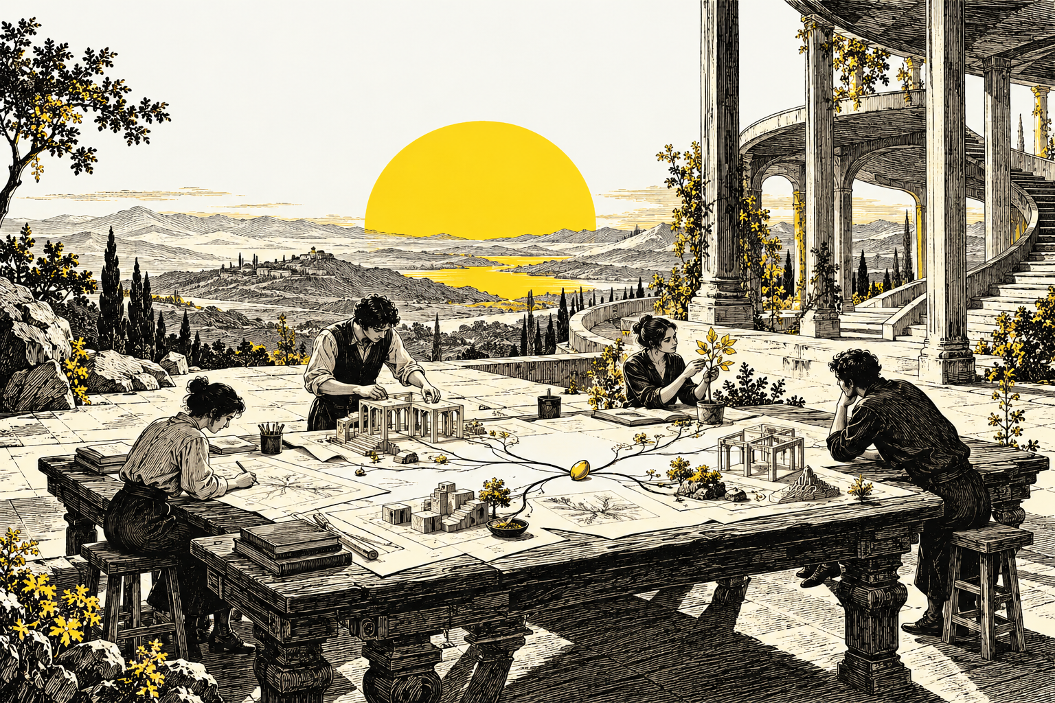 Ilustração em gravura: quatro pessoas transformam uma semente em protótipos sobre uma grande mesa de trabalho.